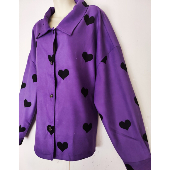 Shein Curve Button Down Shirt Jacket Purple Black Hearts Plus Size 3XL - Picture 4 of 10